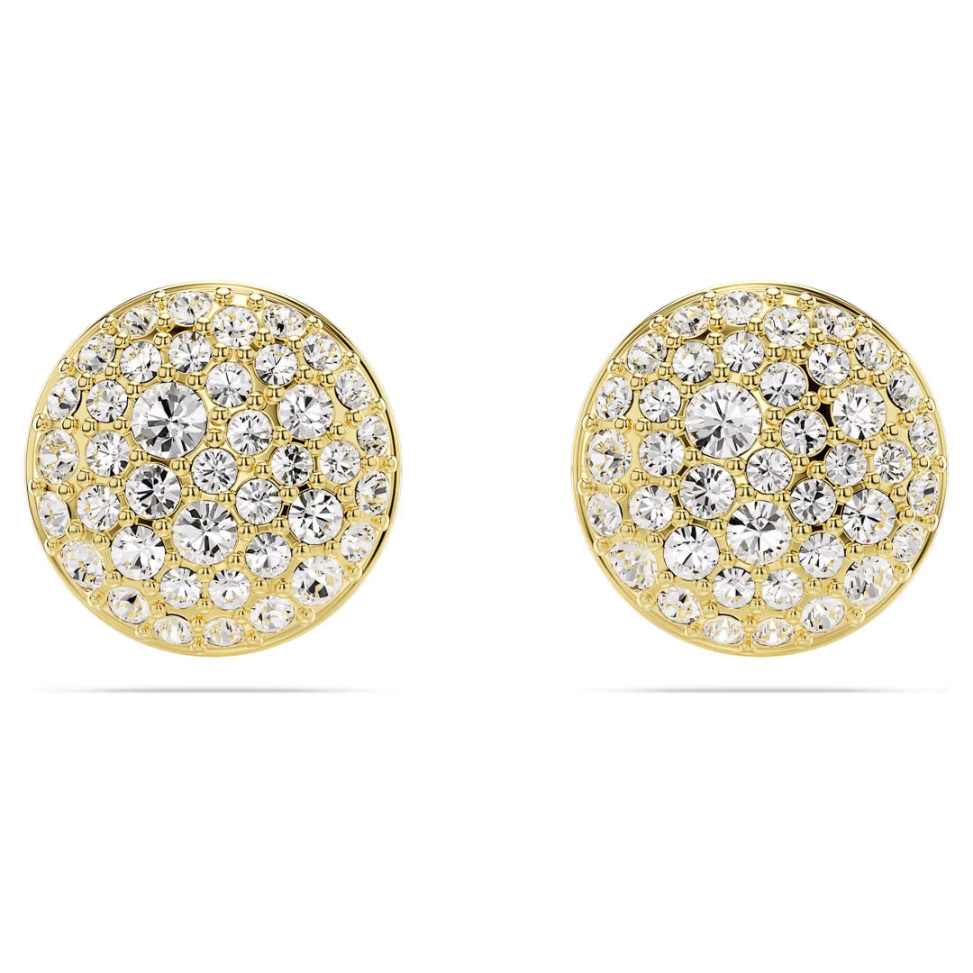 These exquisite Swarovski Sublima Stud Earrings by Swarovski are gold-tone plated and adorned with multiple sparkling clear gemstones arranged in a galaxy-inspired circular design.
