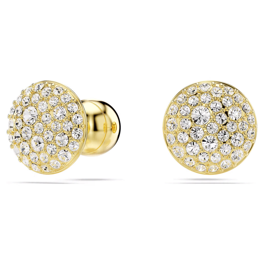 A pair of Swarovski Sublima Stud Earrings, designed with a galaxy inspiration and encrusted with sparkling diamonds, showcased from the front and side.