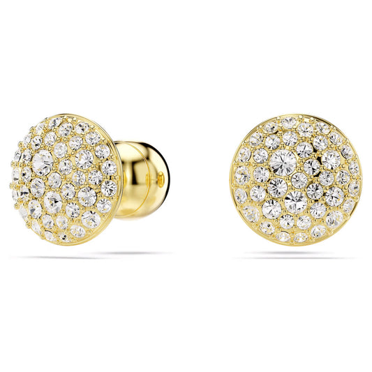 A pair of Swarovski Sublima Stud Earrings, designed with a galaxy inspiration and encrusted with sparkling diamonds, showcased from the front and side.