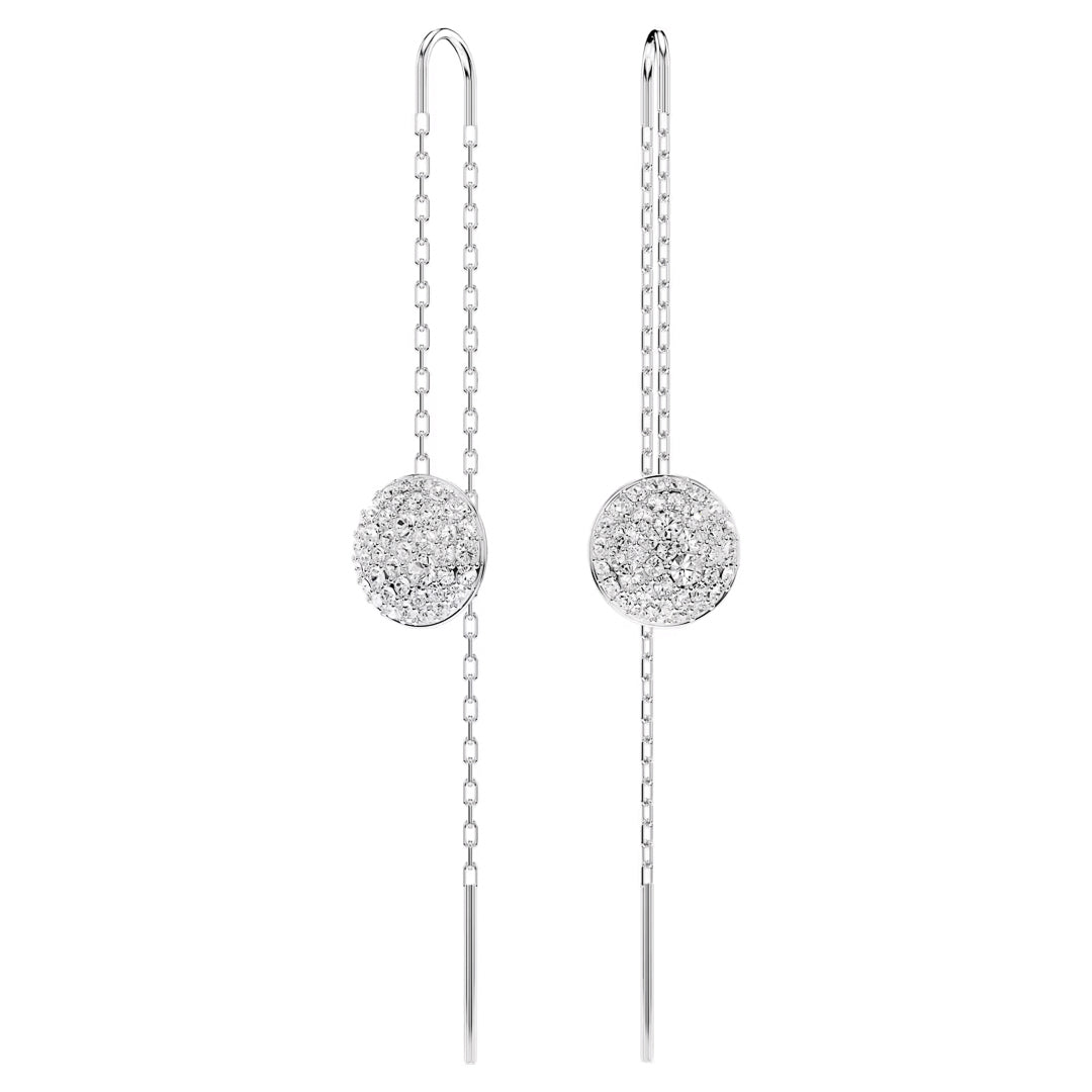 Introducing the Swarovski Sublima Drop Earrings, a pair of elegant threader earrings from Swarovski, featuring circular accents adorned with diamonds. With their delicate chains and sleek rhodium plating, these earrings embody minimalistic sophistication.