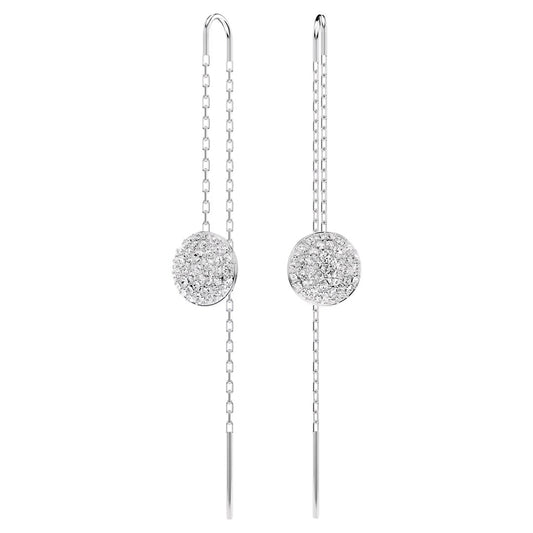 Introducing the Swarovski Sublima Drop Earrings, a pair of elegant threader earrings from Swarovski, featuring circular accents adorned with diamonds. With their delicate chains and sleek rhodium plating, these earrings embody minimalistic sophistication.