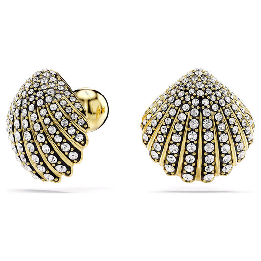 The Swarovski Idyllia Stud Earrings, crafted by the renowned brand Swarovski, are inspired by a shell motif and feature gold settings encrusted with sparkling diamonds and glistening crystals, all elegantly displayed against a white background.
