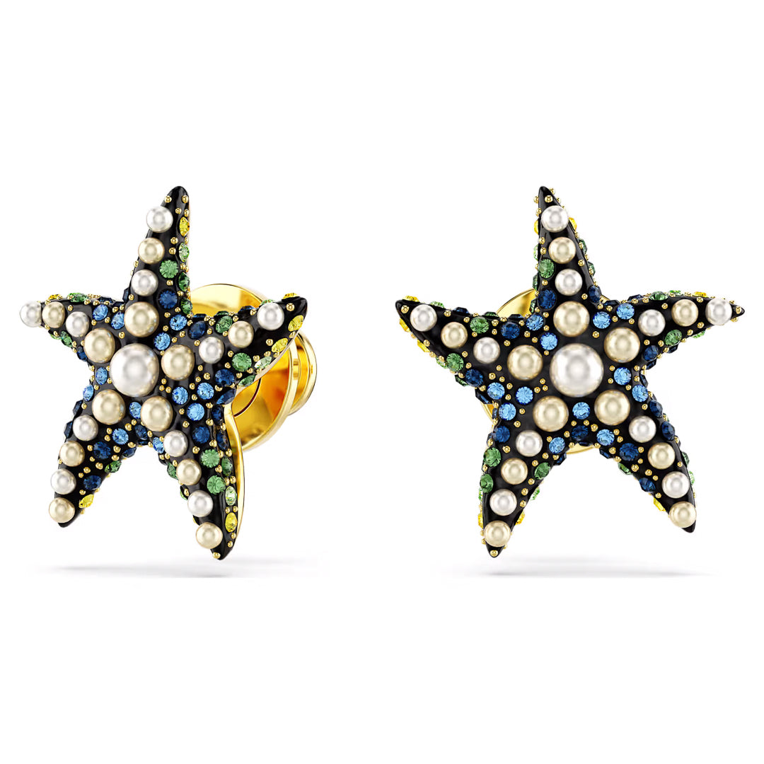 The Swarovski Idyllia Stud Earrings from Swarovski are designed in the shape of starfish, adorned with crystal pearls and vibrant blue, green, and black gemstones. These ocean-inspired earrings are elegantly crafted with a gold backing to enhance their intricate design.
