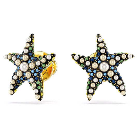 The Swarovski Idyllia Stud Earrings from Swarovski are designed in the shape of starfish, adorned with crystal pearls and vibrant blue, green, and black gemstones. These ocean-inspired earrings are elegantly crafted with a gold backing to enhance their intricate design.