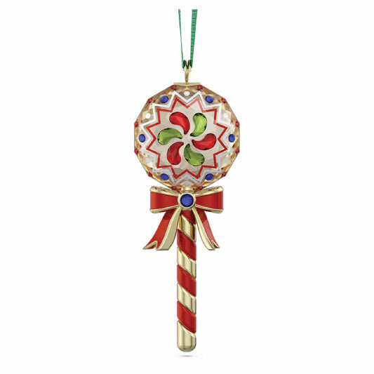 The Swarovski Holiday Cheers Dulcis Lollipop Ornament Home Décor, by the renowned brand Swarovski, is a crystallized festive decoration boasting a large crystal-like top with intricate red, green, and white designs. Its red and white striped handle is elegantly embellished with a red bow and topped off with a blue gem, making it an ideal holiday gift to infuse charm into your celebrations.