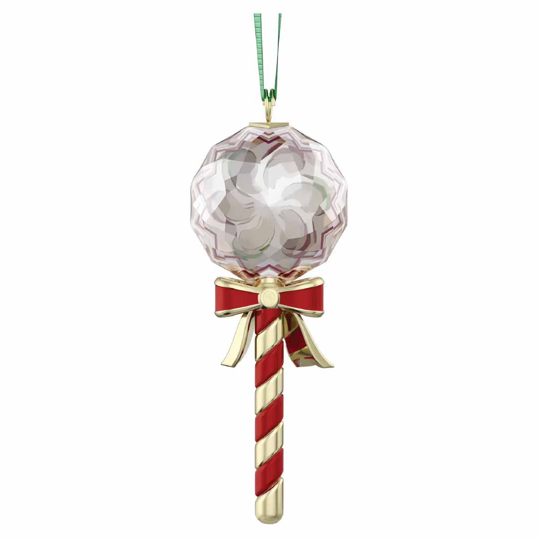 The Swarovski Holiday Cheers Dulcis Lollipop Ornament Home Décor is a crystallized decoration featuring a faceted sphere on top of a handle, designed to resemble a lollipop. Adorned with red and gold stripes and accented by a gold bow at the base, it makes for an ideal festive gift. It also includes a green string for convenient hanging.