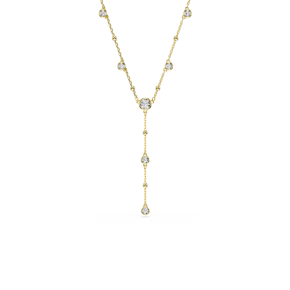 Swarovski Imber Y necklace featuring round-cut white Swarovski Zirconia stones evenly spaced along an 18K gold finish chain, forming a delicate Y-shape with a vertical drop ending in a larger stone. The necklace is displayed against a white background.