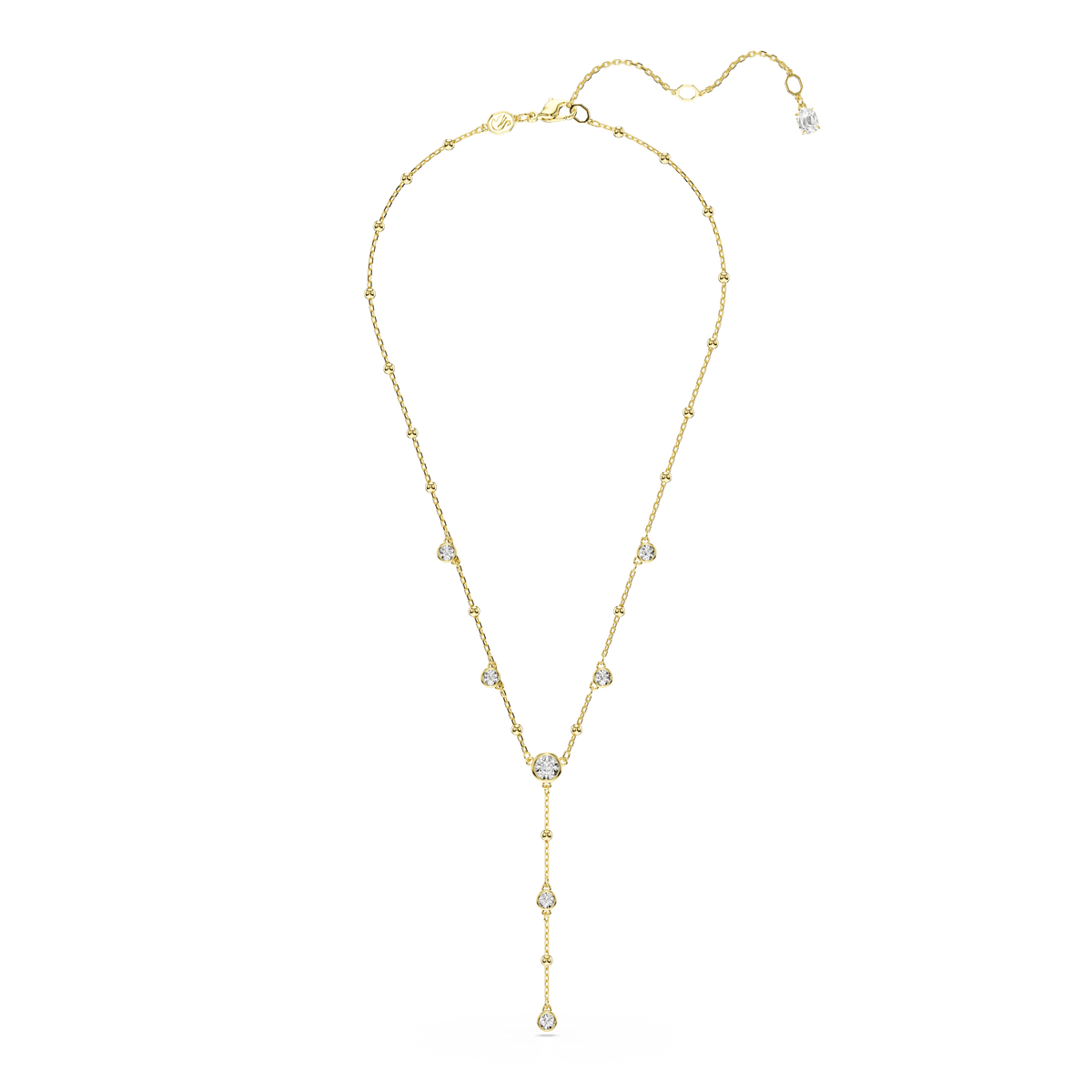 Showcased on a white background, the Swarovski Imber Y necklace features an 18K gold finish and is adorned with small, evenly spaced round-cut Swarovski Zirconia stones. Its elegant design includes a vertical drop with three larger sparkling gems, capturing the timeless aesthetic of the original Imber necklace by Swarovski.