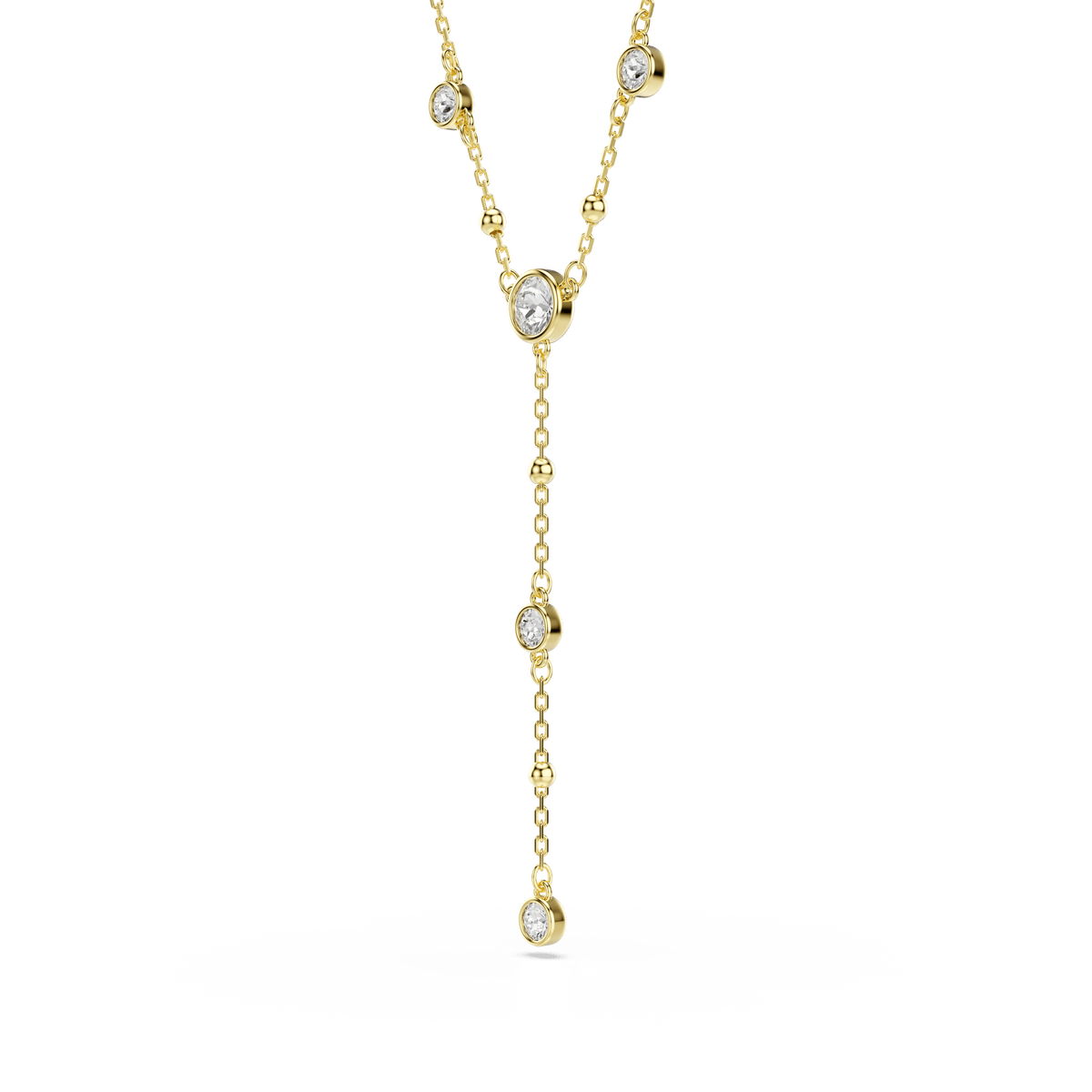 Enhance your style with the Swarovski Imber Y Necklace, crafted with a radiant 18K gold finish and adorned with round-cut bezel-set Swarovski Zirconia spaced gracefully along the chain. This elegant lariat design by Swarovski is pictured against a white background.