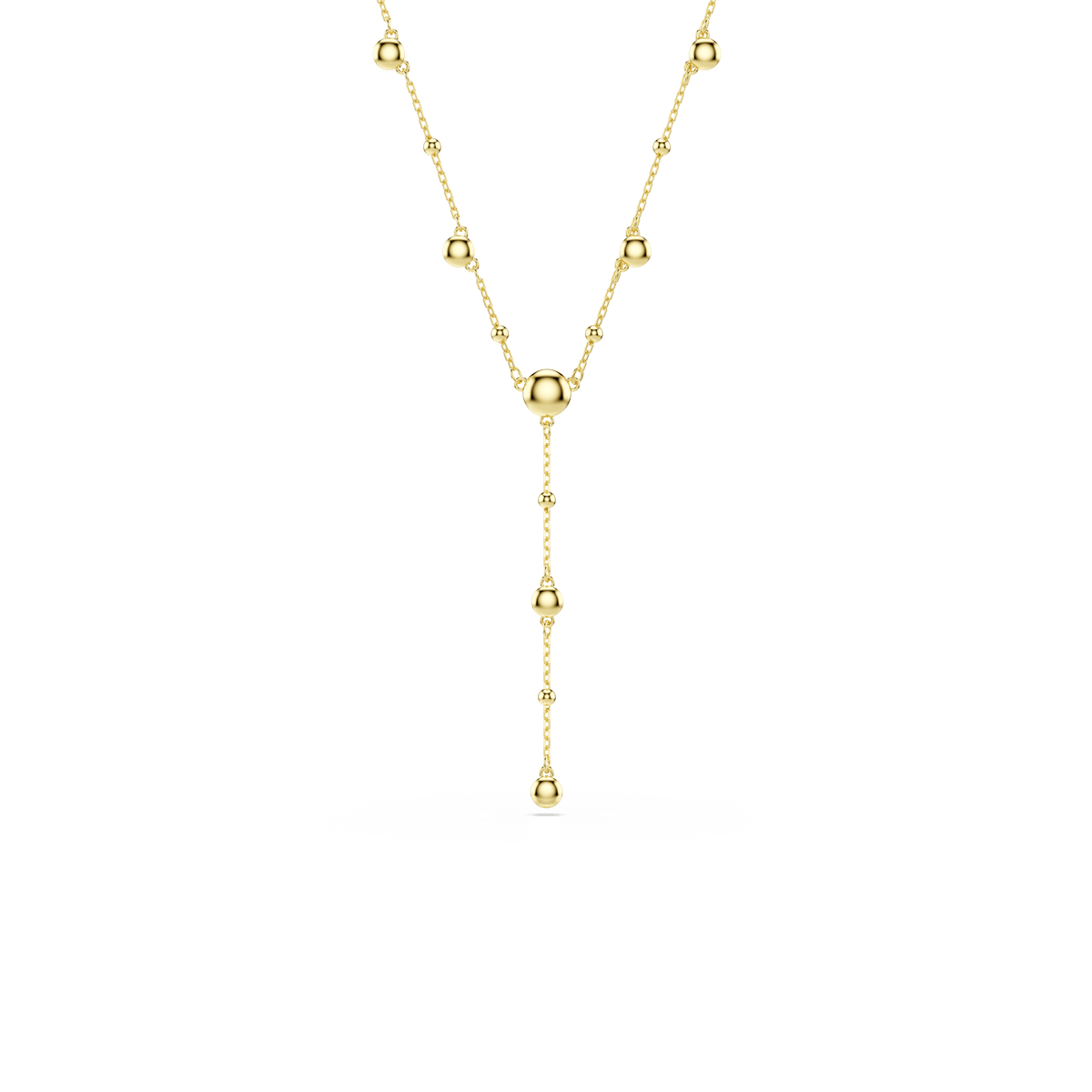 The Swarovski Imber Y necklace showcases a refined 18K gold finish and features round-cut white Swarovski Zirconia beads elegantly spaced along its chain in a graceful Y-shaped design.