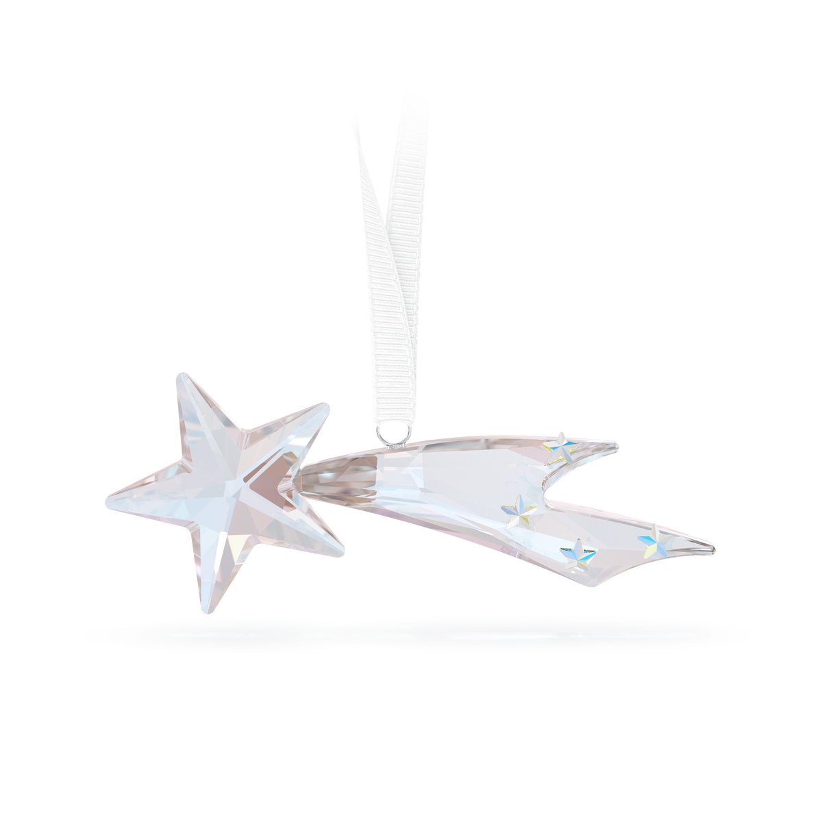 The Swarovski Holiday Magic Classics Shooting Star Ornament by Swarovski showcases a faceted star with a trailing tail embellished with delicate star accents, suspended from a white ribbon against a simple background—making it an elegant choice for holiday décor.