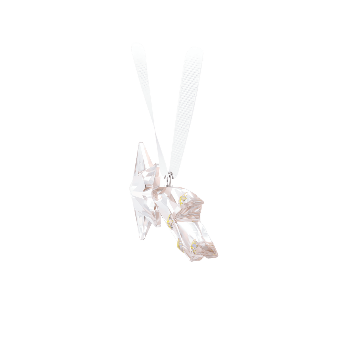 A sparkling Swarovski Holiday Magic Classics Shooting Star Ornament, featuring delicate design and shimmering yellow accents, hangs from a white ribbon against a plain white background—a dazzling holiday decoration by Swarovski.