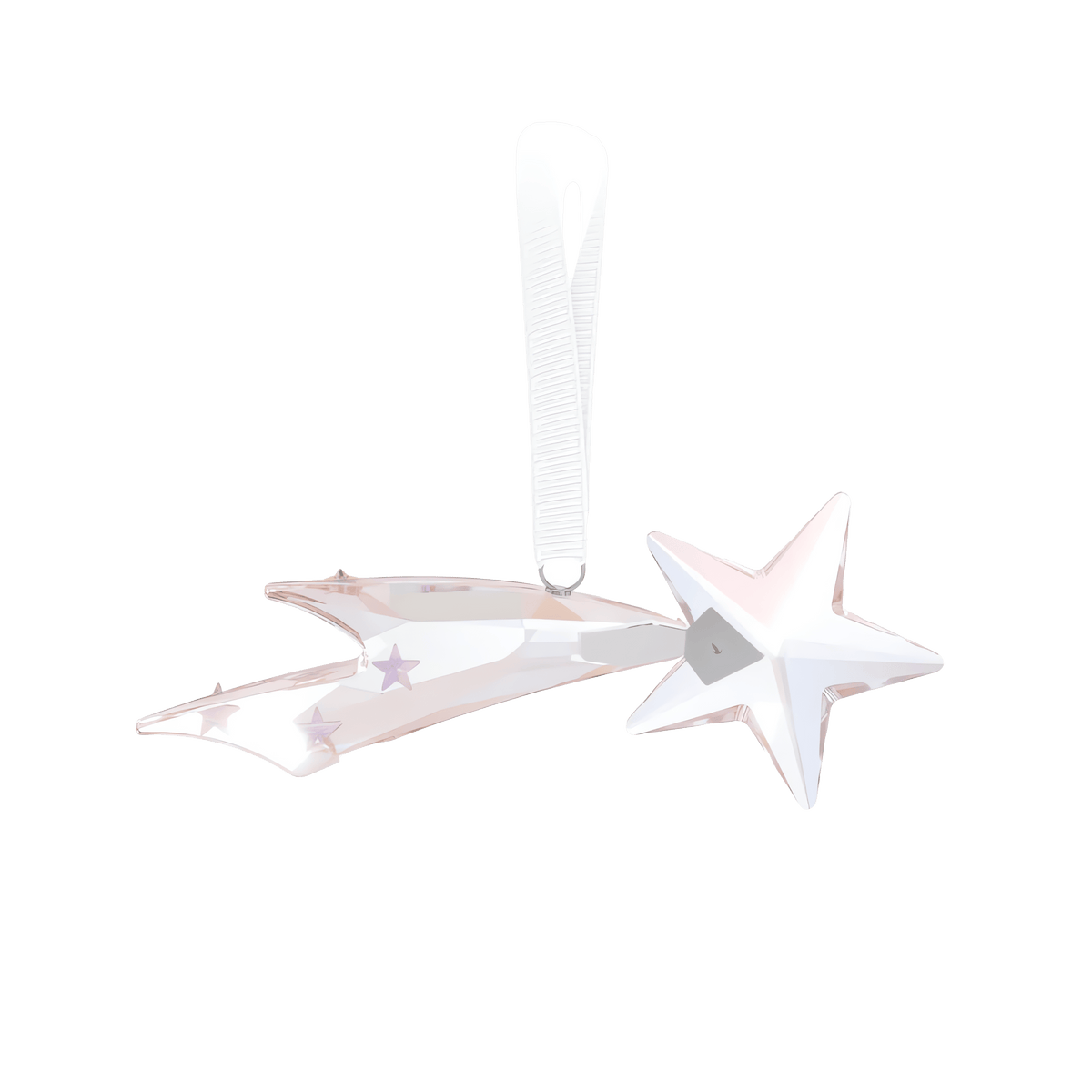 Introducing the Swarovski Holiday Magic Classics Shooting Star Ornament by Swarovski—a translucent ornament with a ribbon for hanging, featuring a star with a trailing tail adorned with faint purple stars, set against a plain white background. This enchanting holiday decoration is inspired by the elegance of classic Swarovski designs.