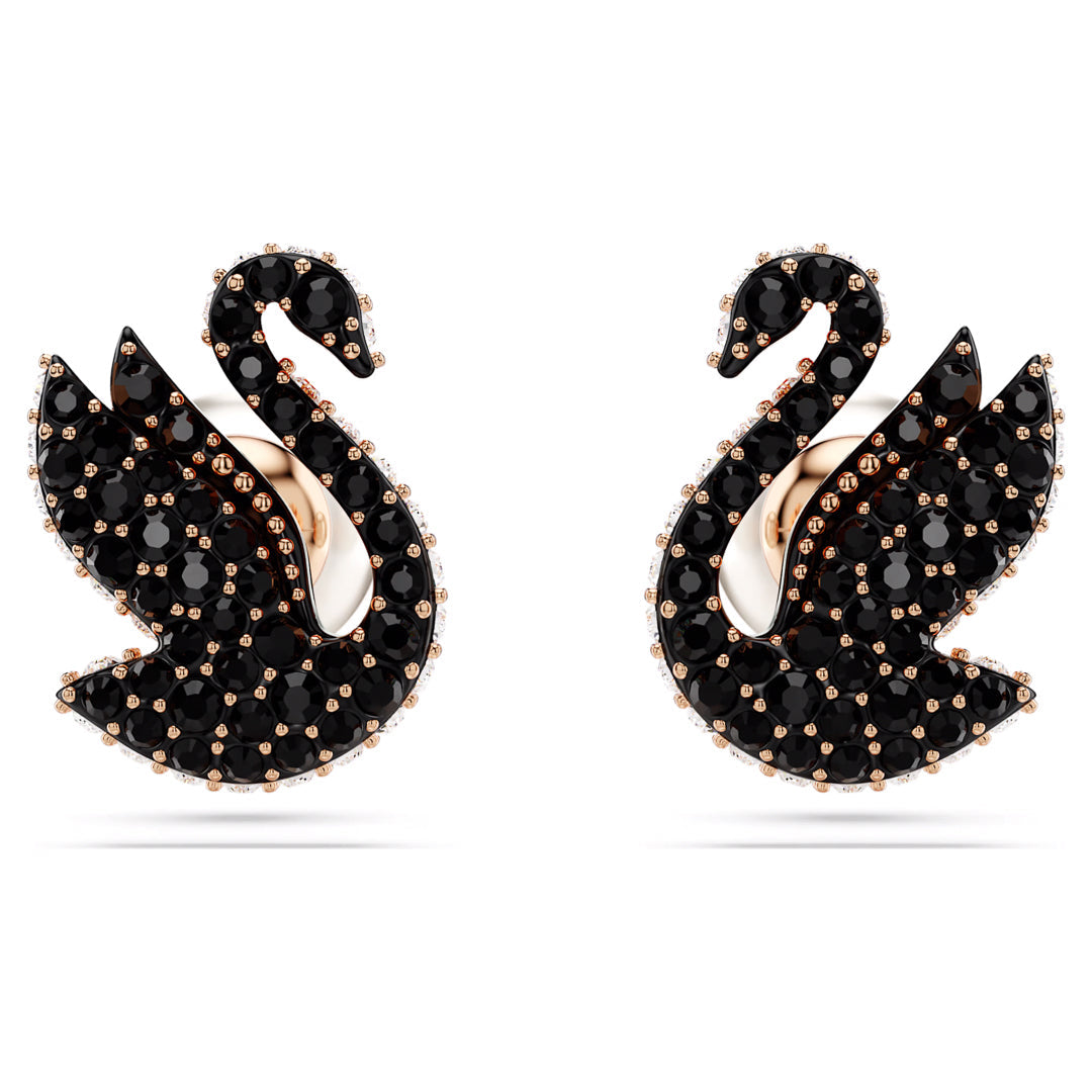 The Swarovski Swan Stud Earrings from Swarovski are a beautifully crafted pair, featuring swans that face each other adorned in black pavé crystals with rose gold-tone accents.