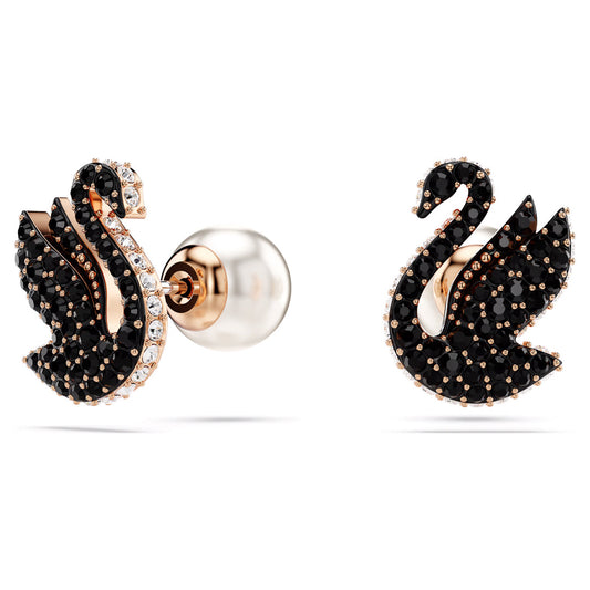 Introducing the Swarovski Swan Stud Earrings, elegantly designed with shimmering pavé crystals and rose gold detailing. Each piece features a stud back adorned with a pearl-like element, enhancing its luxurious appeal, truly reminiscent of exquisite Swarovski craftsmanship.