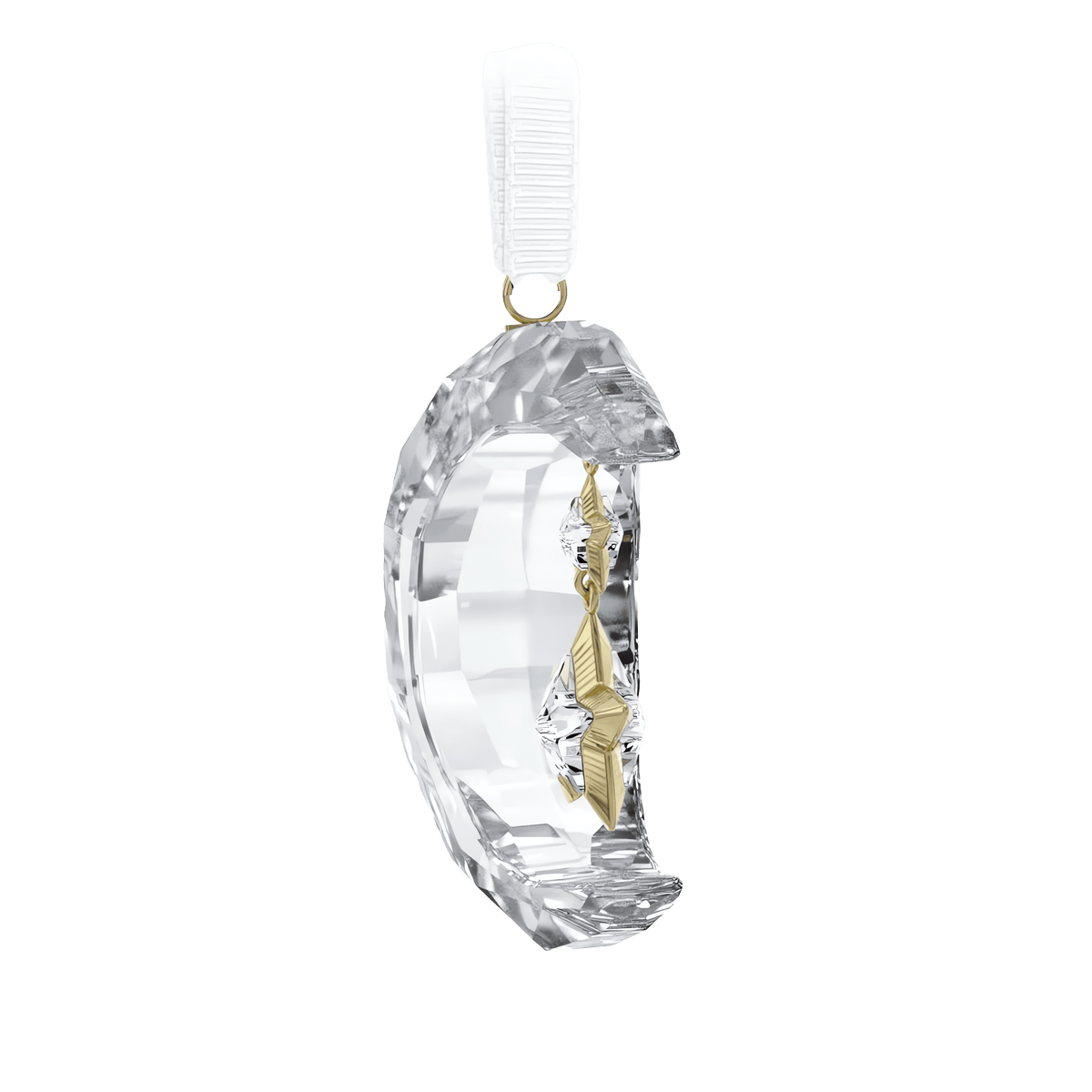 The Swarovski Holiday Magic Moon Ornament by Swarovski features a clear crystal crescent moon with a gold-toned angel suspended inside, hanging from a white ribbon and displayed against a simple white background—an exquisite celestial accent ideal for holiday décor.