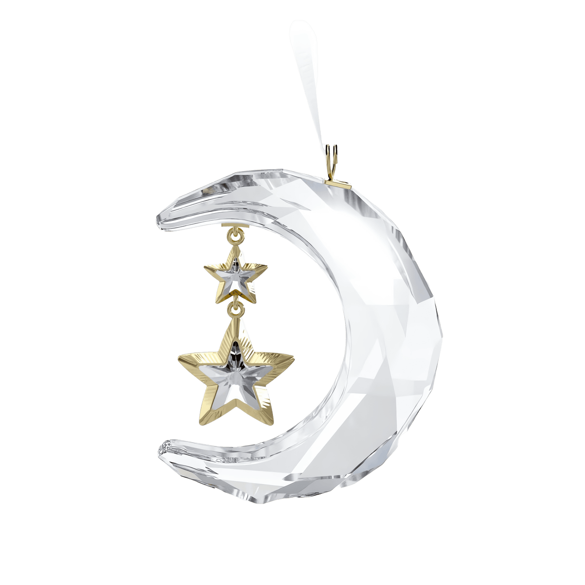 The Swarovski Holiday Magic Moon Ornament by Swarovski features a faceted crystal crescent moon with two gold stars hanging inside, suspended from a white ribbon against a plain white background, creating an enchanting celestial accent for your holiday décor.