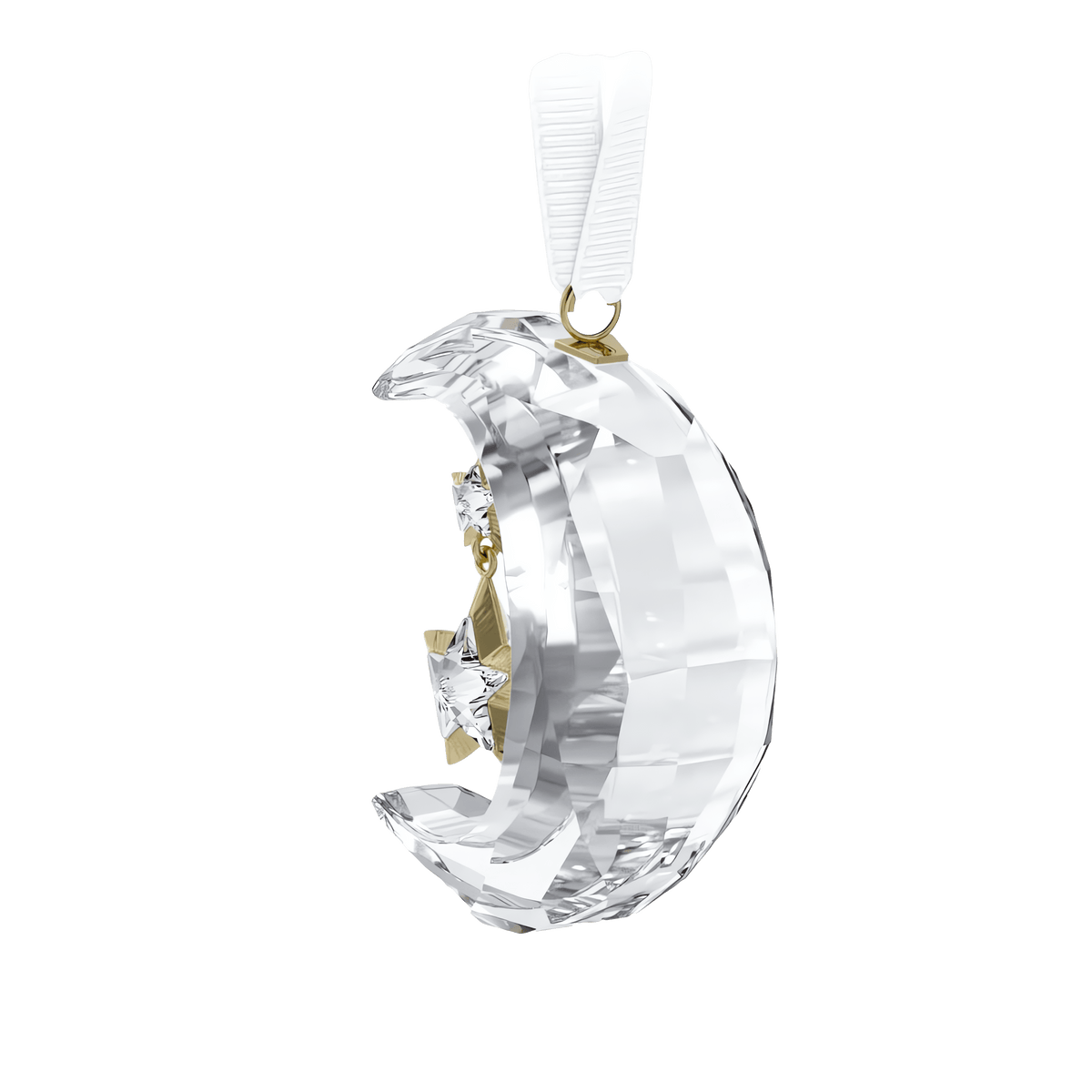 The Swarovski Holiday Magic Moon Ornament by Swarovski features a clear crystal crescent moon with a gold and crystal star suspended inside, elegantly hung on a white ribbon for a striking celestial accent to your holiday décor.