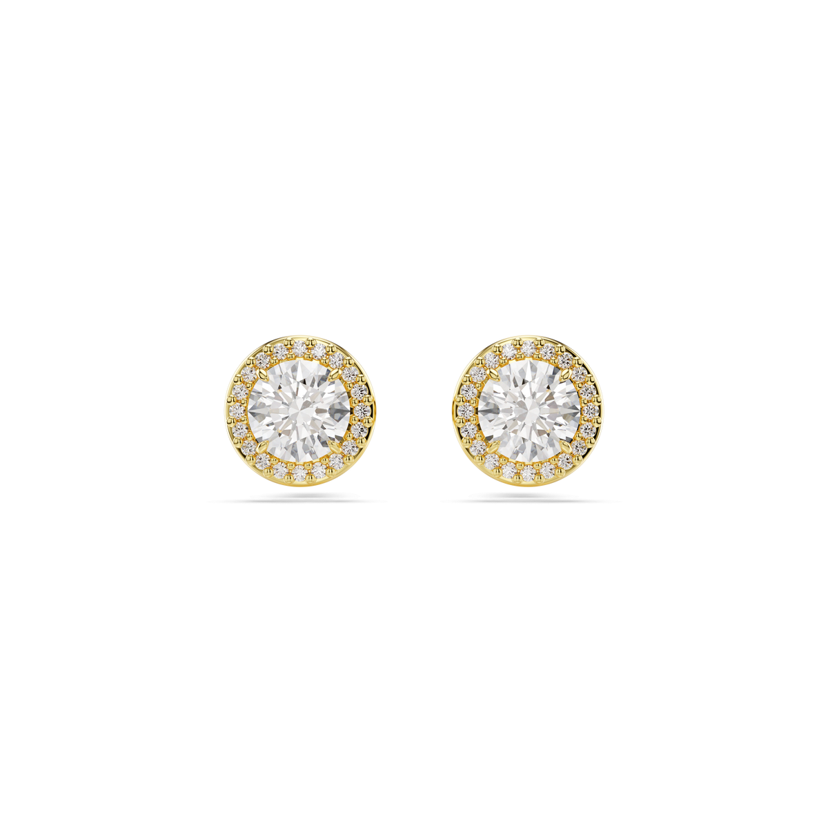 The Swarovski Una Angelic stud earrings feature a brilliant round-cut clear stone encircled by a halo of smaller crystals, all set in an elegant gold tone with an 18K gold finish. These exquisite Swarovski earrings radiate timeless elegance and add a touch of sophistication to any ensemble.