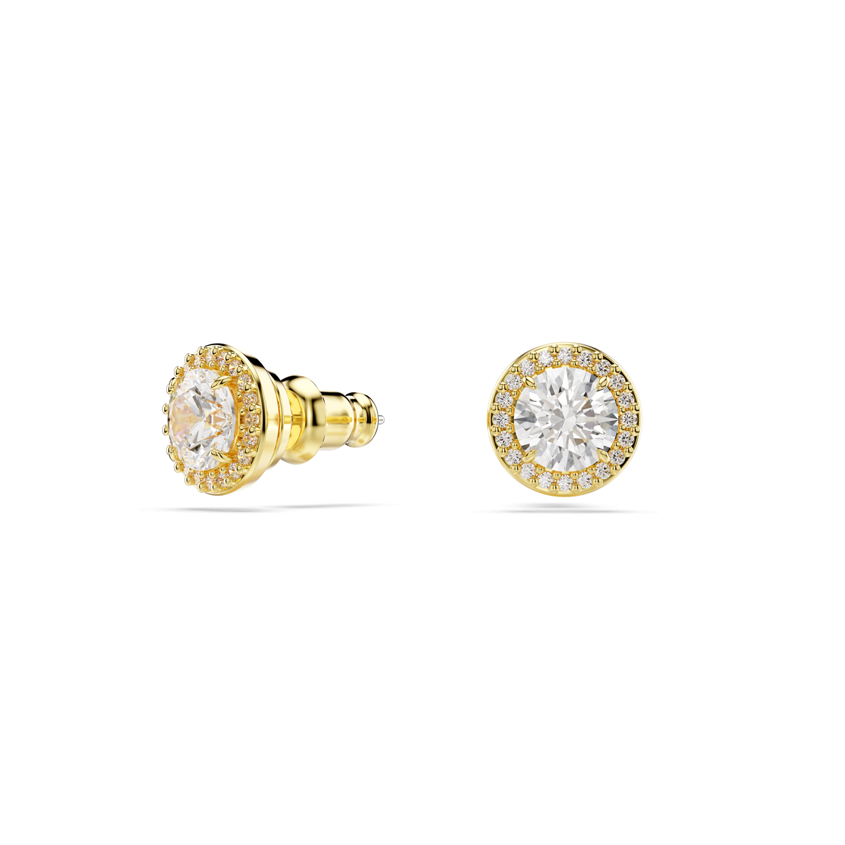 Swarovski Una Angelic stud earrings feature a round cut design with sparkling clear center stones, accentuated by smaller crystals and finished in an elegant 18K gold tone. Displayed from the front and side on a white background.