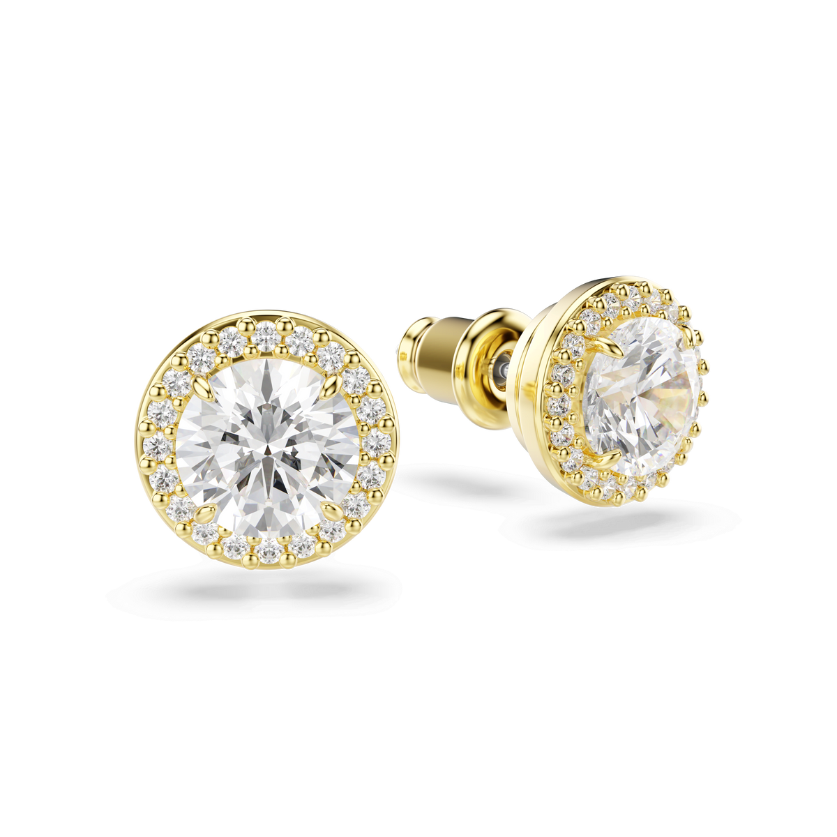 The Swarovski Una Angelic stud earrings feature round-cut stones encircled by a sparkling halo and finished in an 18K gold tone, creating an elegant accessory that adds a touch of sophistication to any look. Displayed on a white background, these Swarovski earrings embody angelic beauty and timeless style.