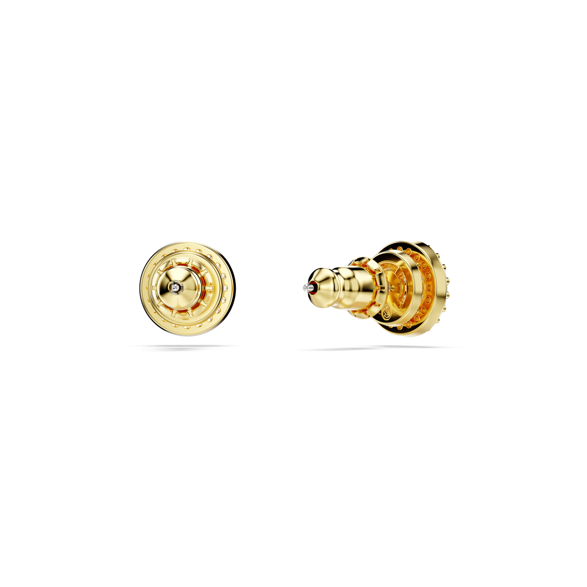 A pair of Swarovski Una Angelic stud earrings, featuring round-cut crystals and an 18K gold finish, are displayed on a white background—one earring shows the front face while the other reveals the side and back detailing.