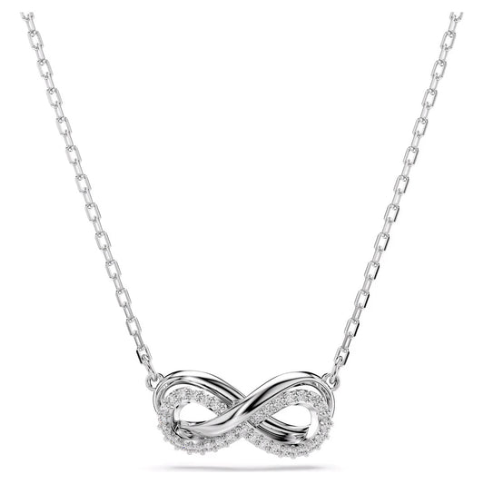 The Swarovski Hyperbola Necklace Pendant by Swarovski features a sleek silver chain adorned with an infinity symbol pendant, elegantly embellished with small, sparkling Swarovski Zirconia gemstones.