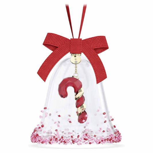 The Swarovski Holiday Cheers Dulcis Bell Ornament Home Décor, from the renowned brand Swarovski, features a stunning bell-shaped design adorned with a red bow. Inside, you'll find a beautiful red and gold-striped candy cane, while the base is embellished with shimmering small red crystals that make it an exquisite addition to your holiday décor.