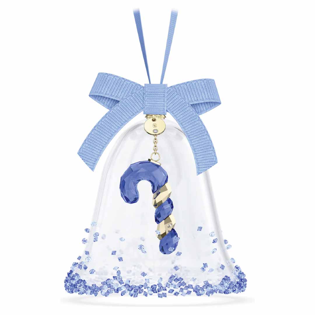 This exquisite holiday decor piece, the Swarovski Holiday Cheers Dulcis Bell Ornament by Swarovski, is a transparent bell adorned with a blue ribbon and features a blue and gold striped candy cane inside. The base sparkles with tiny Swarovski crystals, adding an elegant touch to your festive celebrations.
