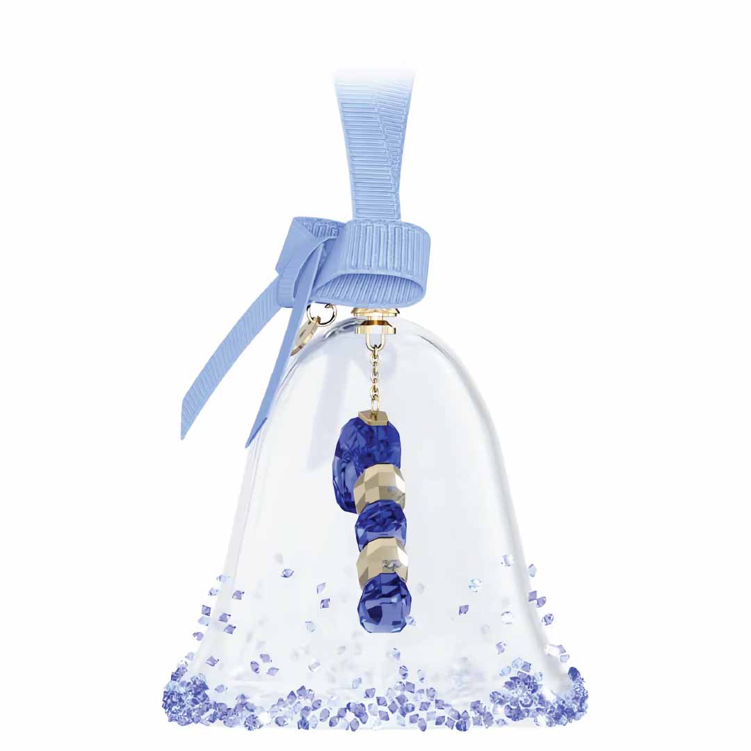 Introducing the Swarovski Holiday Cheers Dulcis Bell Ornament from Swarovski, this exquisite home décor piece features a decorative glass bell accented with a blue ribbon. It showcases a charming dangling arrangement of stacked blue and gold beads, while its base is embellished with small scattered blue stones, adding a festive sparkle to your holiday decorations.