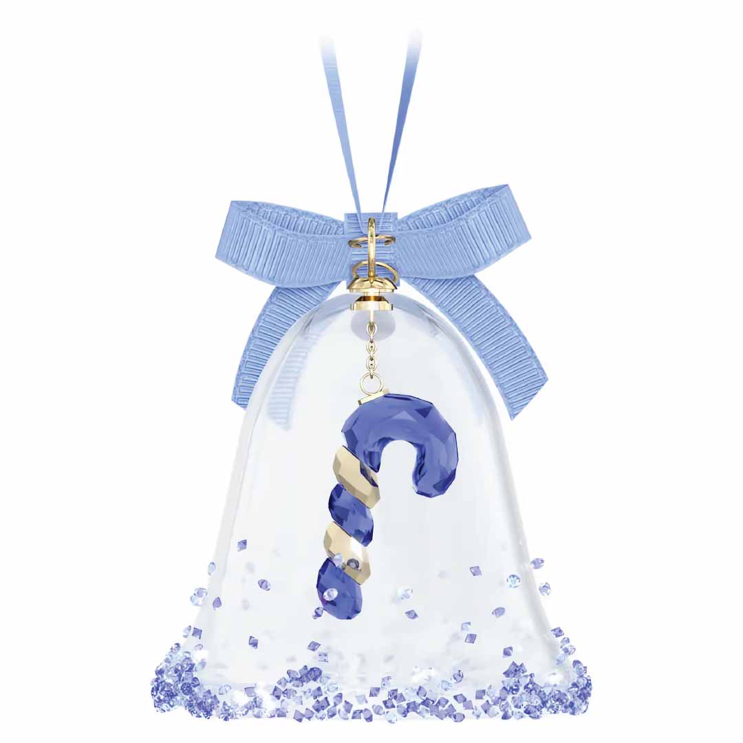 The Swarovski Holiday Cheers Dulcis Bell Ornament by Swarovski showcases a transparent bell design with a blue crystal candy cane inside, accented by a light blue ribbon. The base is adorned with small Swarovski crystals, creating an elegant holiday decoration.