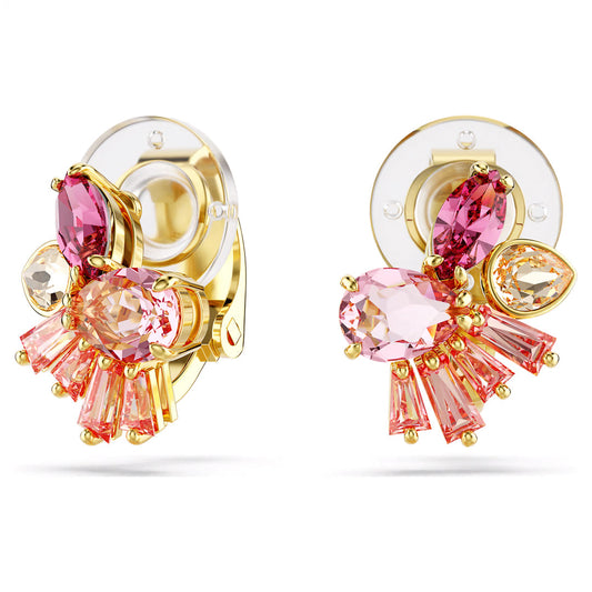 Introducing the Swarovski Gema Clip Earrings: a stunning pair from Swarovski featuring cherry blossom-inspired designs. Crafted with pink and gold gemstones set in gold-tone metal, these earrings showcase an array of Swarovski Zirconia shapes including teardrops and baguettes, forming an elegant and intricate pattern.