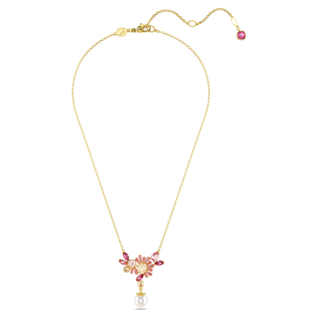 The Swarovski Gema Necklace Pendant features a stunning cherry blossom pendant embellished with pink gemstones and a hanging pearl. Its delicate, adjustable chain is enhanced by Swarovski Zirconia near the clasp for an added touch of elegance.