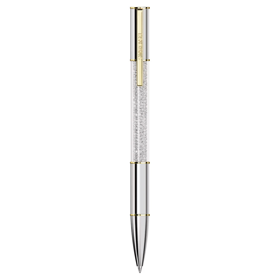 Introducing the Swarovski Crystalline Lustre Ballpoint Pen by Swarovski: a refined writing instrument with a sleek metallic design and a clear, textured grip section complemented by gold accents on the clip and middle ring. This luxurious pen showcases a polished silver finish on the tip and upper part, enhancing any writing experience.