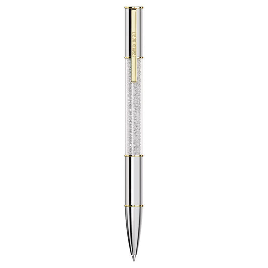 Introducing the Swarovski Crystalline Lustre Ballpoint Pen by Swarovski: a refined writing instrument with a sleek metallic design and a clear, textured grip section complemented by gold accents on the clip and middle ring. This luxurious pen showcases a polished silver finish on the tip and upper part, enhancing any writing experience.