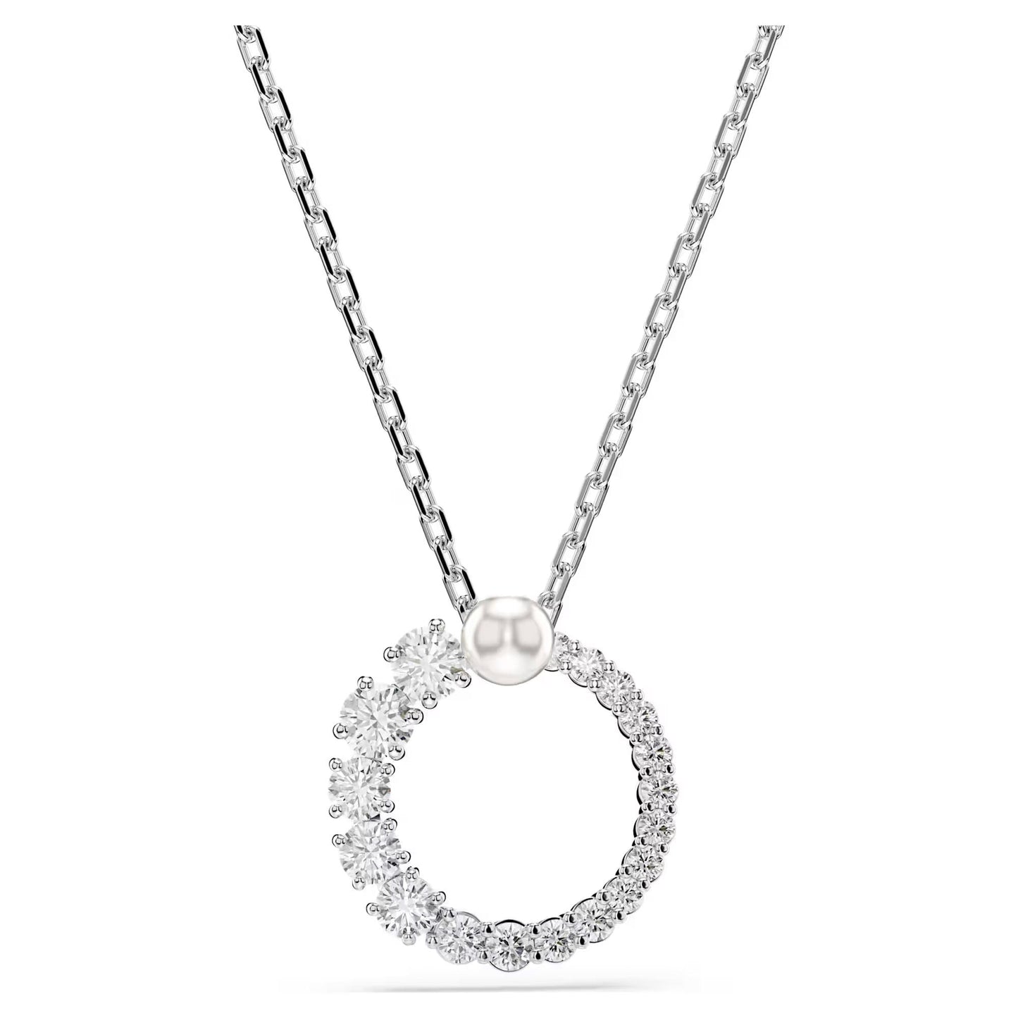 Introducing the Swarovski Matrix Necklace Pendant by Swarovski, a silver necklace with an intricately designed Matrix pendant adorned with dazzling Swarovski Zirconia gemstones. The delicate chain enhances the overall elegance, and a small Crystal pearl provides the perfect accent where the pendant meets the chain.