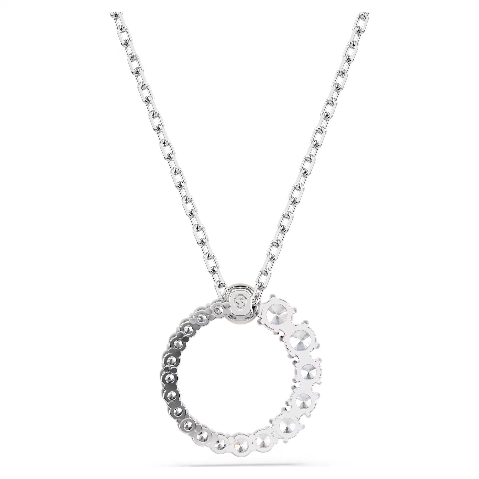The Swarovski Matrix Necklace Pendant by Swarovski features a silver necklace with a delicate chain that supports a circular matrix pendant, elegantly textured with alternating shiny and matte beads. Accented with Swarovski Zirconia, this design offers a unique and sophisticated sparkle.