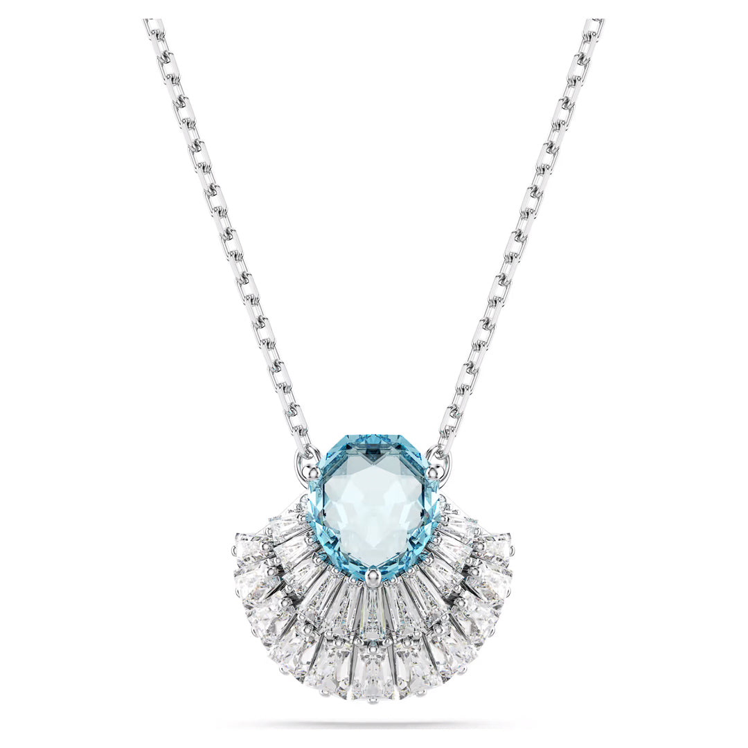 The Swarovski Idyllia Necklace Pendant by Swarovski features a marine-themed design with a central blue crystal surrounded by a radiant array of fan-shaped Swarovski Zirconia, offering an elegant and luminous appeal.