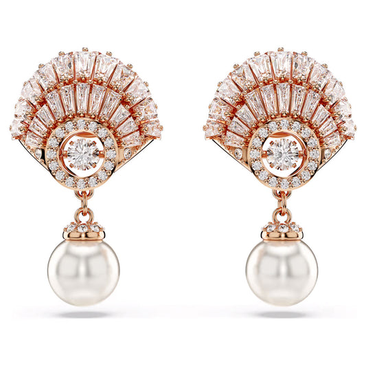 Introducing the Swarovski Idyllia Drop Earrings, a stunning pair of accessories featuring a fan-shaped cluster of baguette and round-cut diamonds in a rose gold-tone plated setting, each embellished with a dangling white pearl.