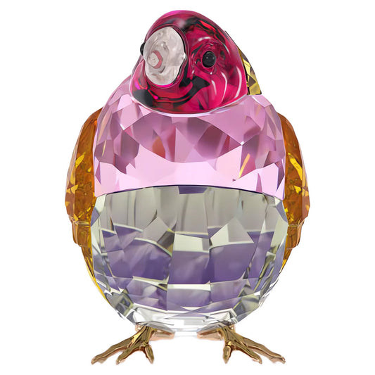 The Swarovski Idyllia SCS Gouldian Finch Home Décor by Swarovski showcases a lively figurine with a pink head, bright orange wings, and a violet body, all elegantly perched on golden feet.
