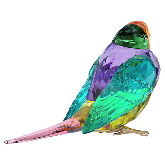 A vibrant sculpture from Swarovski, the Idyllia SCS Gouldian Finch Home Décor, features a multi-colored crystal design with hues of green, purple, yellow, and pink. The intricately detailed wings and tail reflect light in stunning shades like a true Swarovski masterpiece.