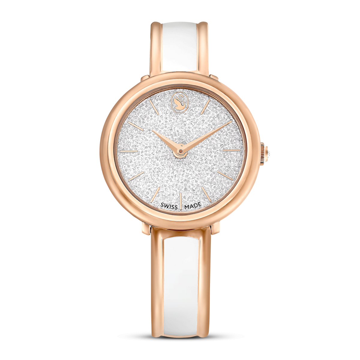 A Swarovski Crystalline bangle watch, featuring a Swiss Made design with a metal bracelet in white and a rose gold-tone finish, is elegantly displayed on a plain white background.