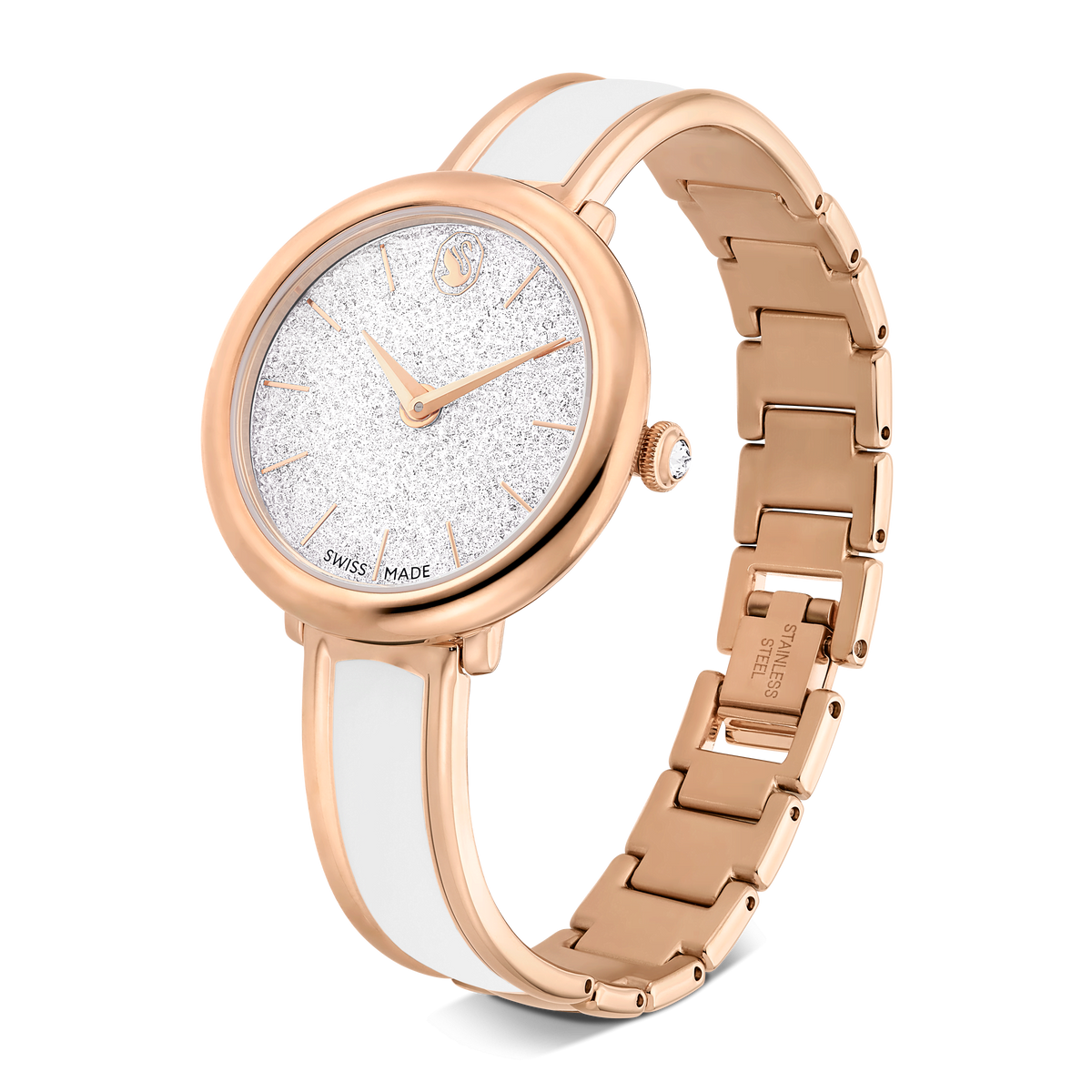The Swarovski Crystalline bangle watch features a rose gold-tone finish, a glittery white face with minimalist markers, and a metal bracelet accented in white. This elegant Swiss Made timepiece from Swarovski combines classic analog design with modern sophistication.