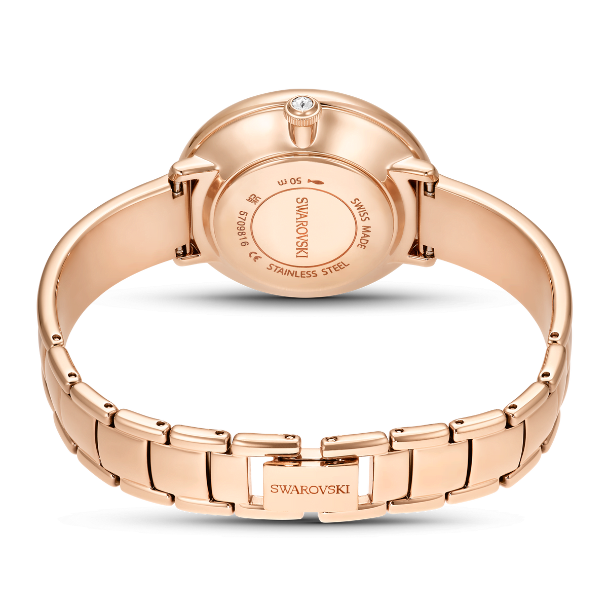 Swarovski Crystalline bangle watch in white with a rose gold-tone finish shown from the back, highlighting the stainless steel case, “SWAROVSKI” branding, and a decorative stone on the case back.