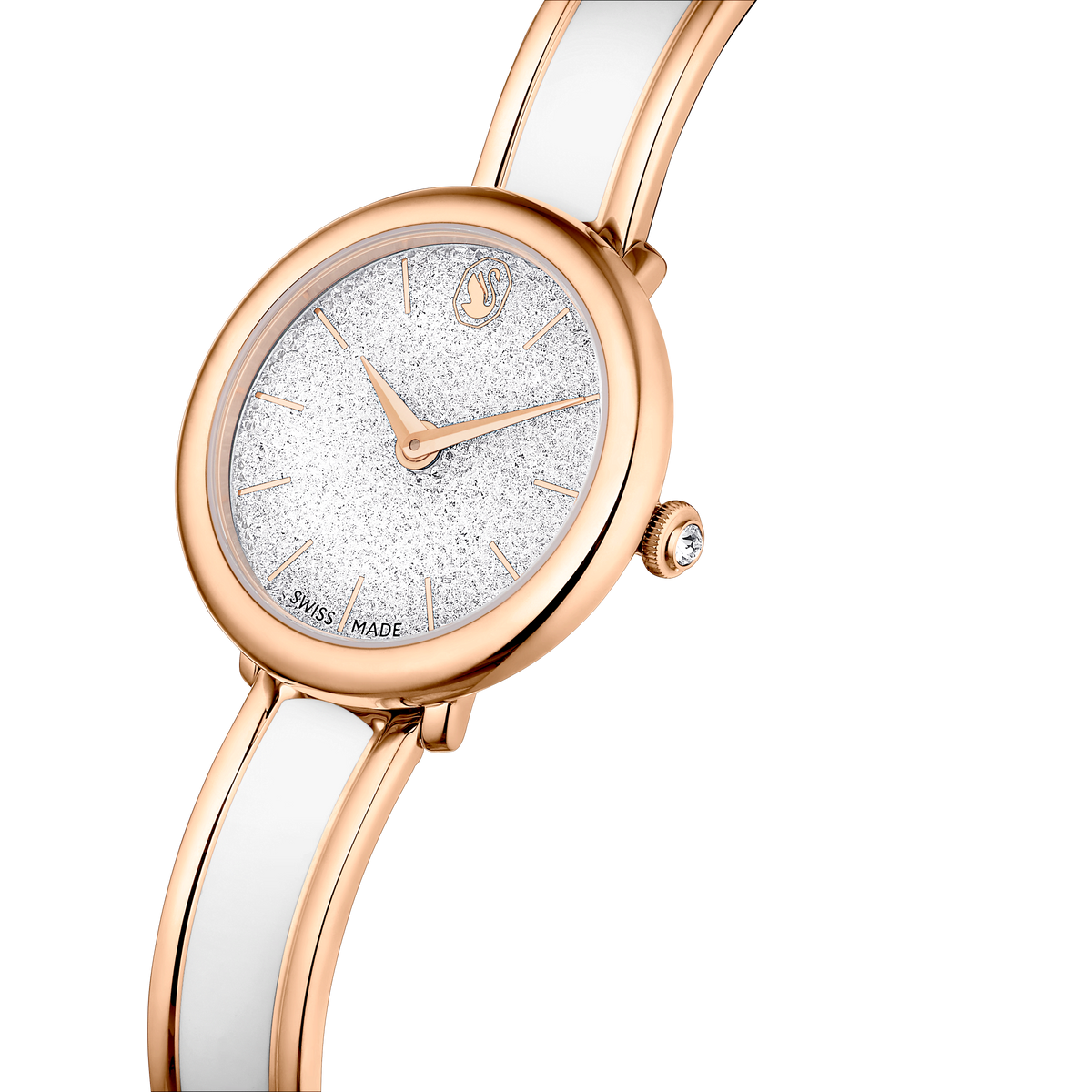 A Swarovski Crystalline bangle watch, Swiss made with a rose gold-tone finish, featuring a white sparkling face, minimal hour markers, and a slim metal bracelet in white and rose gold tones, is displayed on a light background.