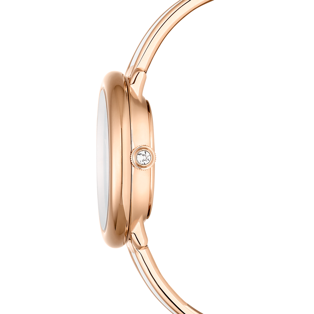 Side view of the Swarovski Crystalline bangle watch, Swiss Made, featuring a slim, round case with a rose gold-tone finish, a sparkling crown accented with crystals, and a matching rose gold-tone metal bracelet, set against a plain white background.