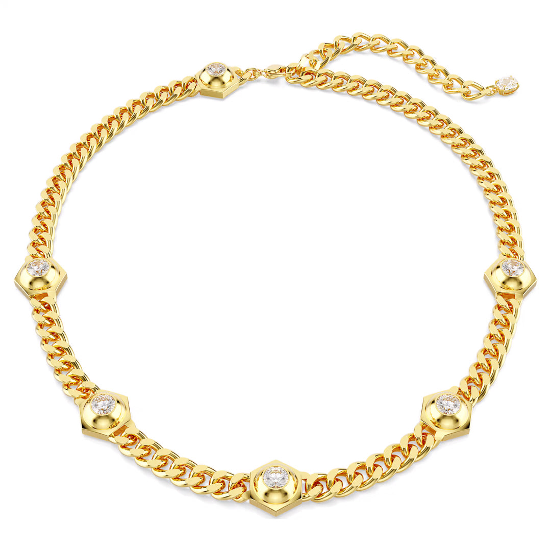 The Swarovski Numia Necklace by Swarovski is a gold-tone plated chain, featuring hexagonal settings and sparkling Swarovski Zirconia stones that are evenly spaced for a harmonious appearance. It includes a short extension chain and clasp for adjustable wear.
