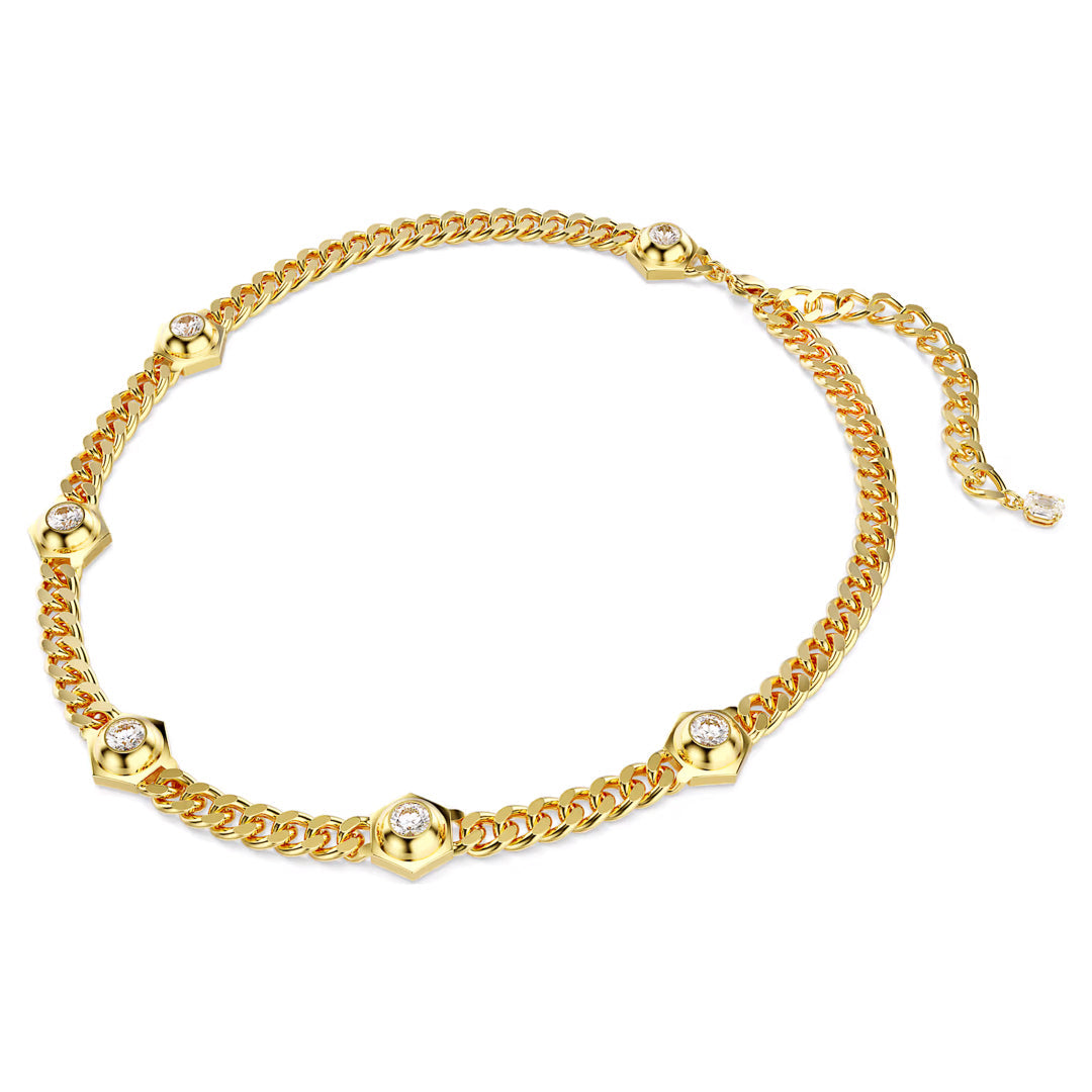 The Swarovski Numia Necklace from Swarovski boasts a gold-tone plated chain adorned with five hexagonal settings, each featuring a brilliant Swarovski Zirconia. This sophisticated piece is finished with a lobster clasp and an adjustable extender, adding timeless elegance to any outfit.
