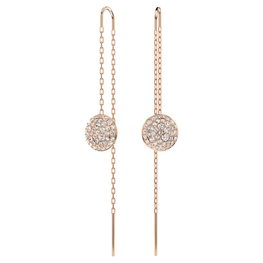 Introducing the Swarovski Sublima Drop Earrings from Swarovski: a pair of elegant rose gold-tone threader earrings with round, diamond-studded discs. This design features a delicate chain adorned with clear round crystals that extends through the ear for a sleek, linear finish.