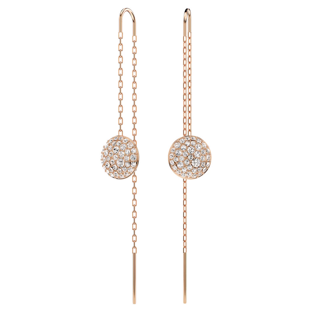 Swarovski Sublima Drop Earrings showcase circular designs adorned with diamond-like crystals at the center. The delicate rose gold-tone chain adds sophistication and glamour, while the shimmering crystals enhance their allure.